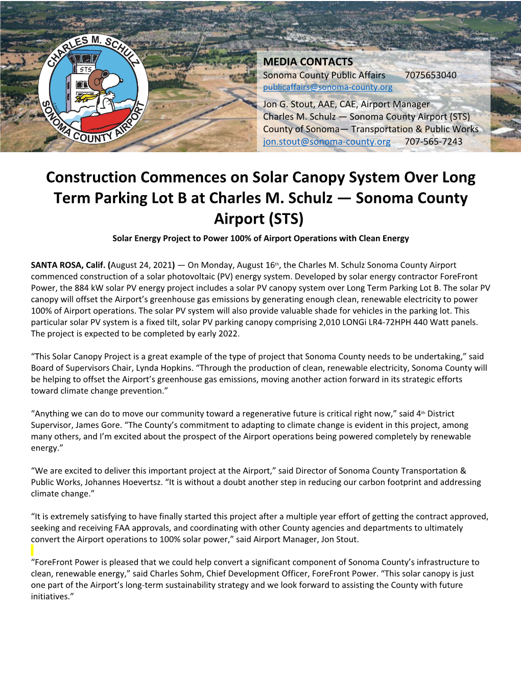 Construction Commences on Solar Canopy System Over Long Term Parking Lot B at Charles M