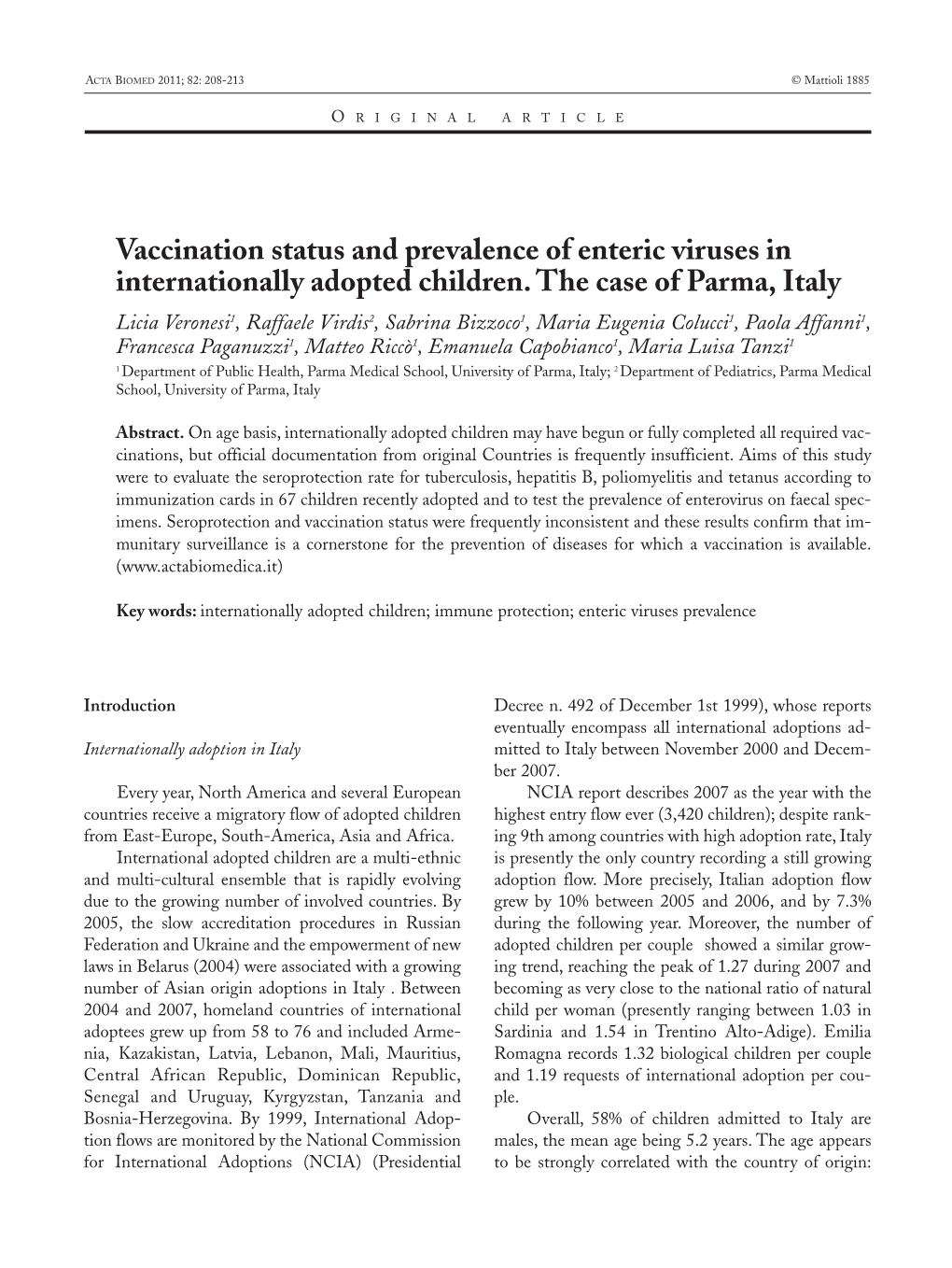 Vaccination Status and Prevalence of Enteric Viruses in Internationally Adopted Children. the Case of Parma, Italy