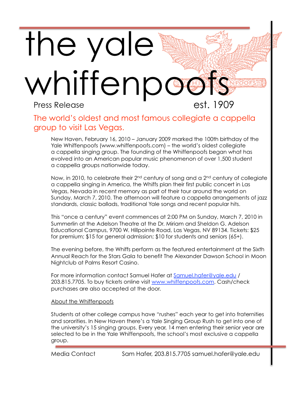 The Yale Whiffenpoofs Press Release Est