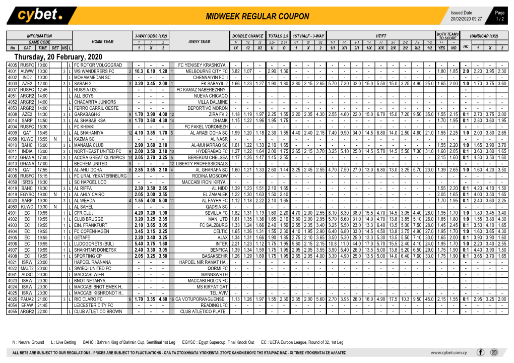 Midweek Regular Coupon 20/02/2020 09:27 1 / 2