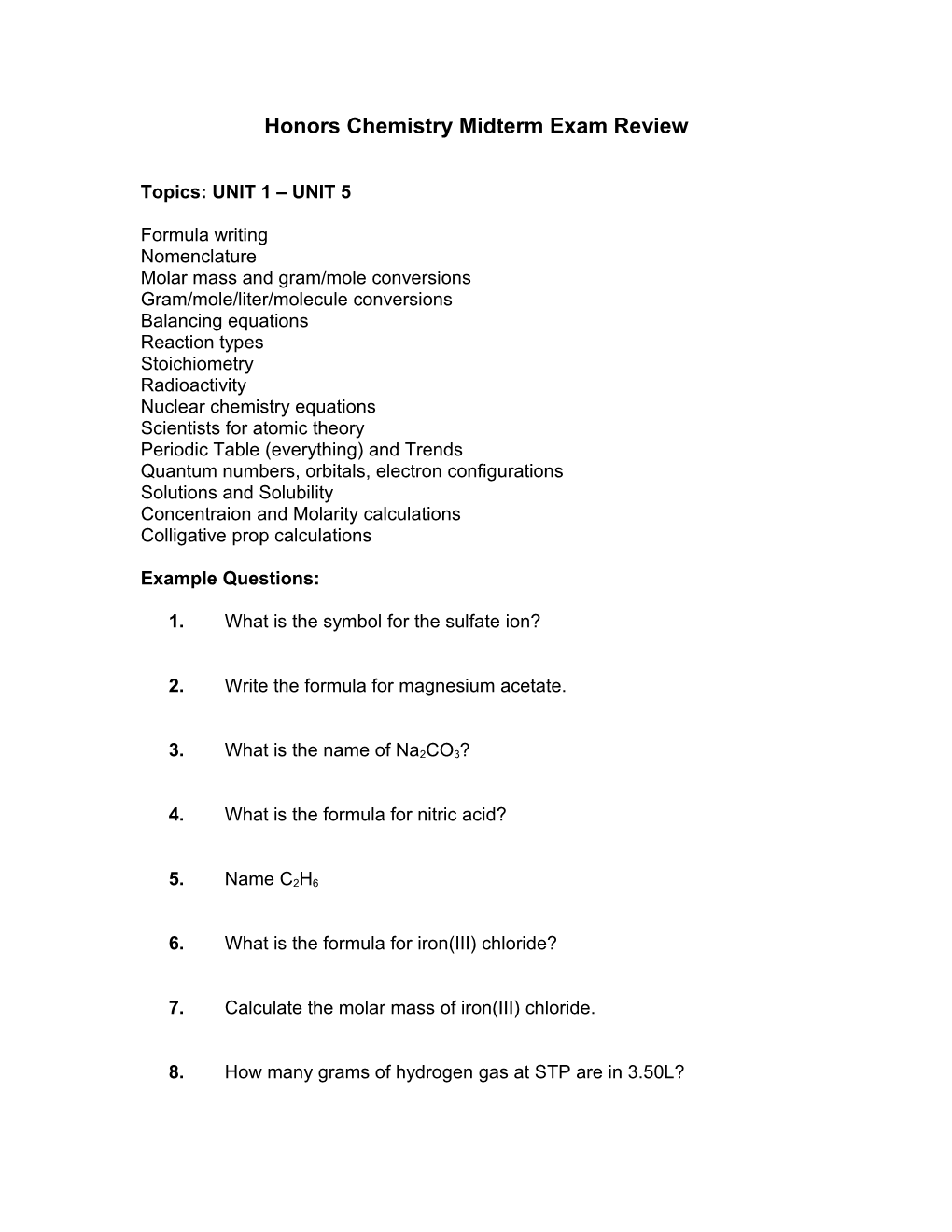 Honors Chemistry Midterm Exam Review