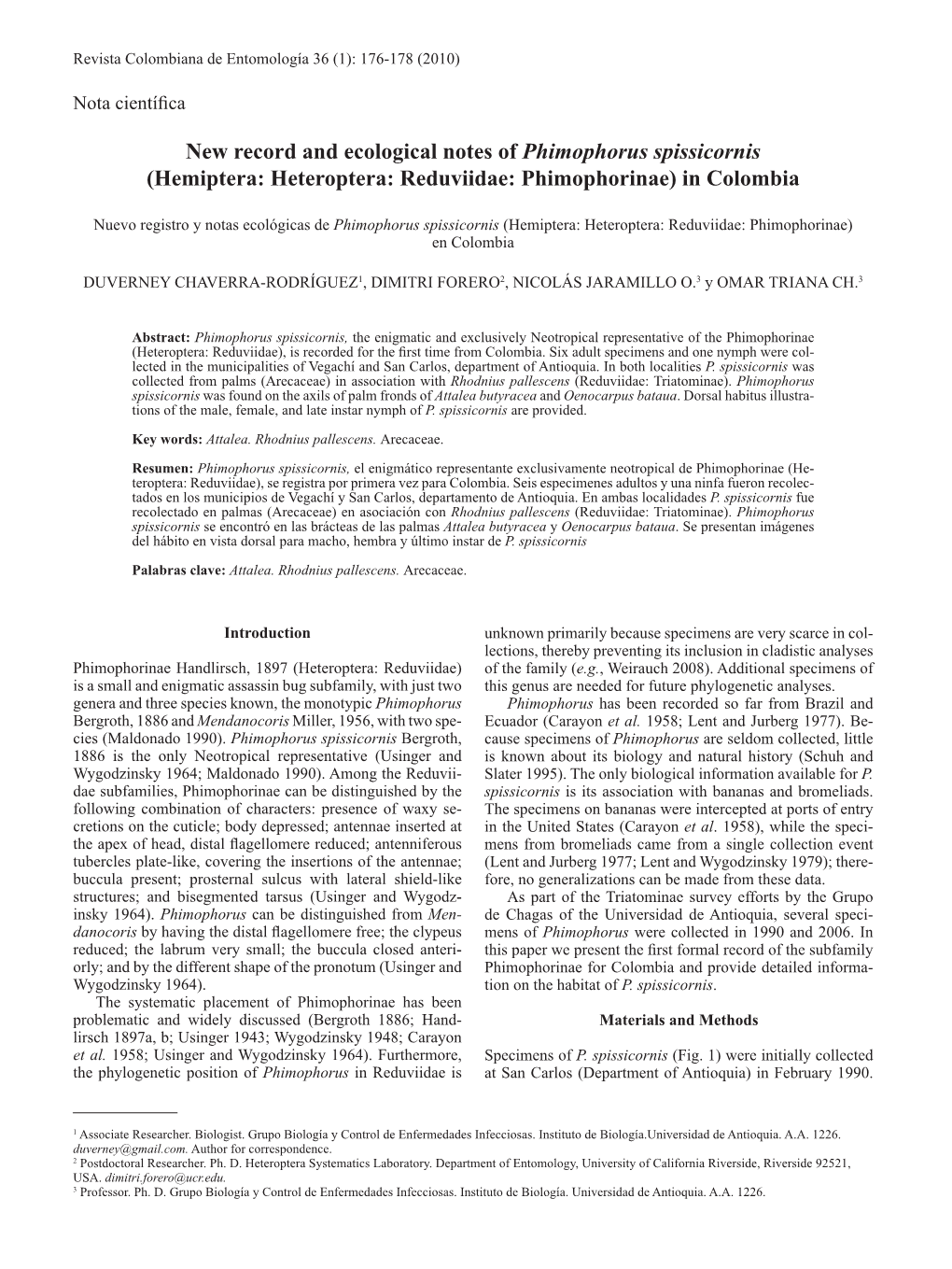 Hemiptera: Heteroptera: Reduviidae: Phimophorinae) in Colombia