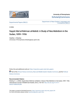 Sayyid Abd Al-Rahman Al-Mahdi: a Study of Neo-Mahdism in the Sudan, 1899–1956