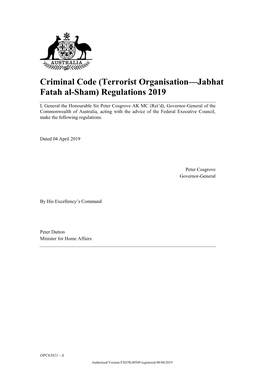 Terrorist Organisation—Jabhat Fatah Al-Sham) Regulations 2019