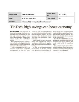 Fintech, High Savings Can Boost Economy’