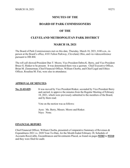 Minutes of the Board of Park Commissioners of the Cleveland Metropolitan Park District March 18, 2021