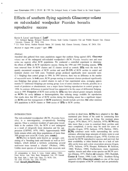 Effects of Southern Flying Squirrels Glaucomys Volans on Red-Cockaded Woodpecker Picoides Borealis Reproductive Success