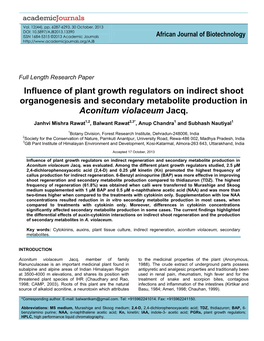 Influence of Plant Growth Regulators on Indirect Shoot Organogenesis and Secondary Metabolite Production in Aconitum Violaceum Jacq