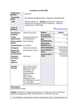 Invitation to Bid (ITB) Reference Number 6035419 Procuring Entity