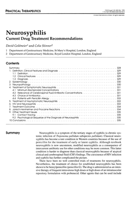 Neurosyphilis Current Drug Treatment Recommendations