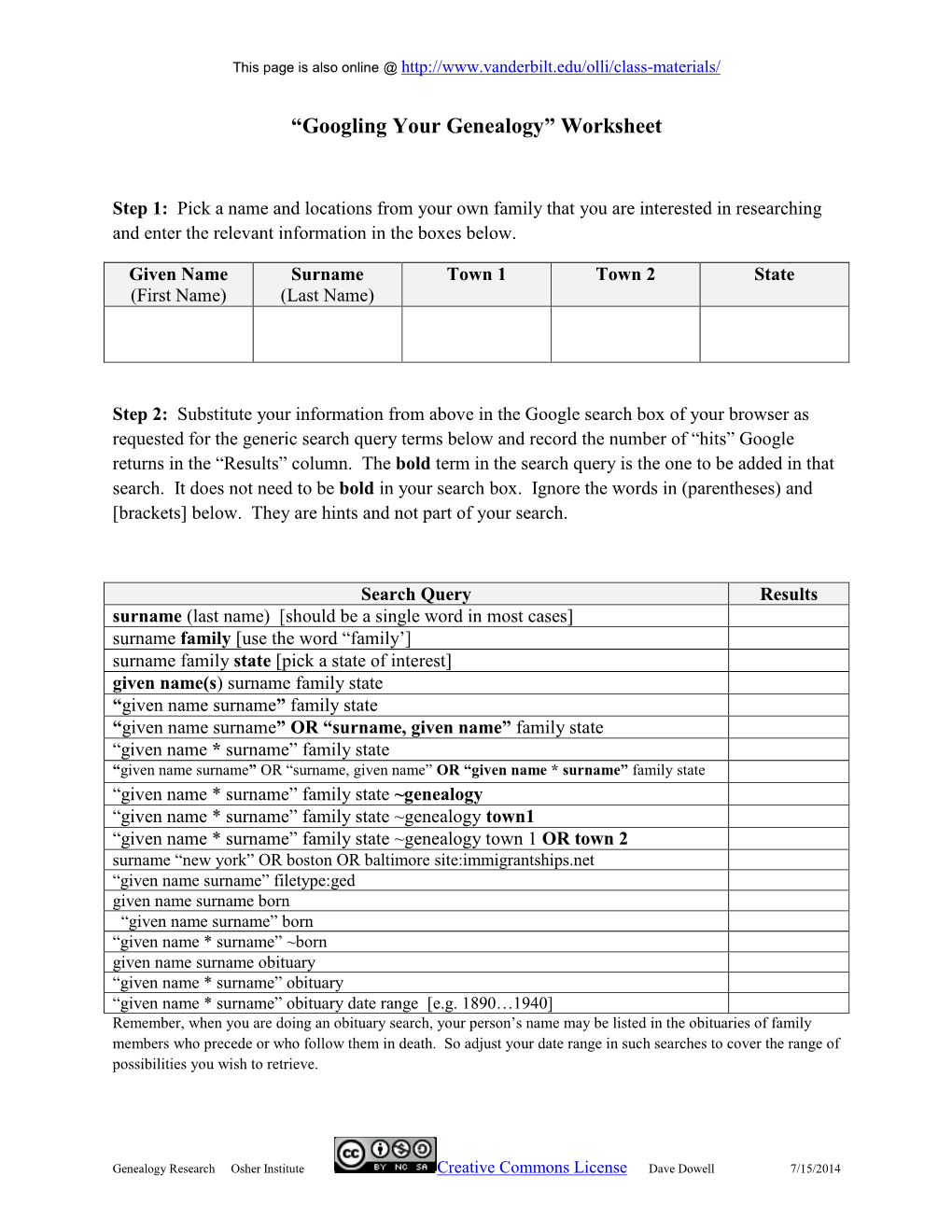 “Googling Your Genealogy” Worksheet