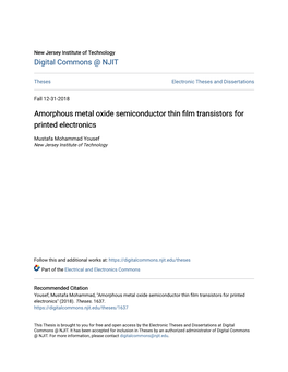 Amorphous Metal Oxide Semiconductor Thin Film Transistors for Printed Electronics