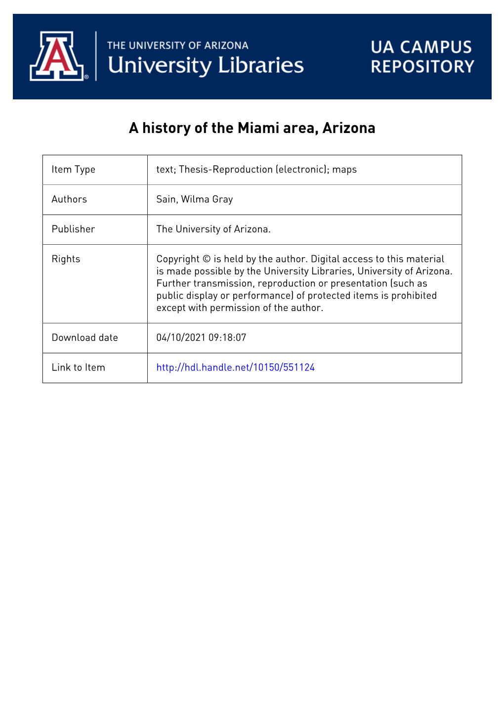 A HISTORY of the MIAMI AREA, ARIZONA by Wilma Gray Sain A