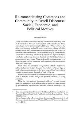 Re-Romanticizing Commons and Community in Israeli Discourse: Social, Economic, and Political Motives