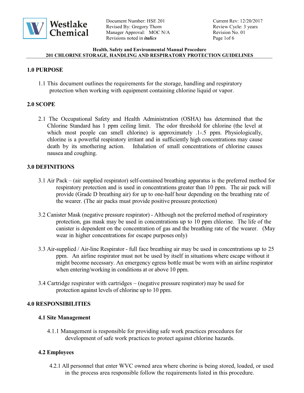 201 Chlorine Storage, Handling, & Respiratory