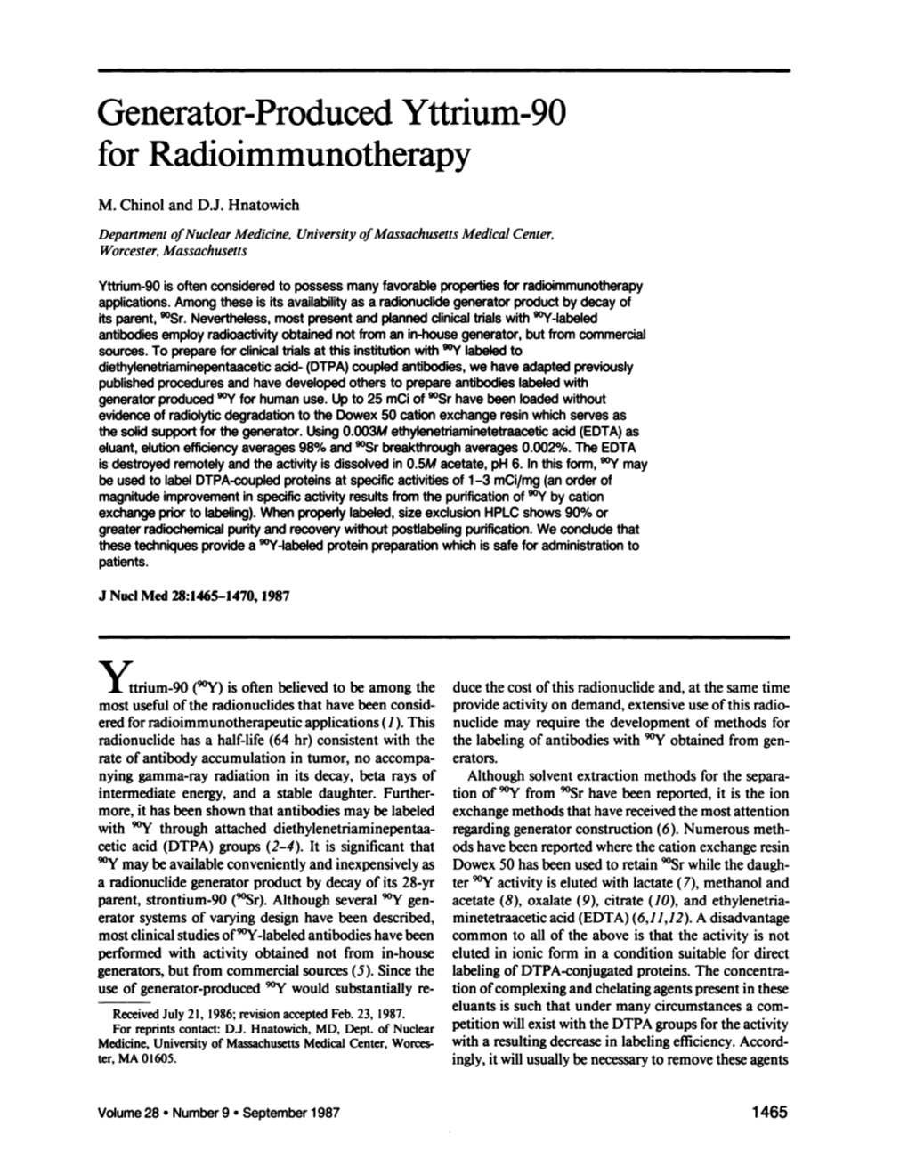 Generator-Produced Yttrium-90 for Radioimmunotherapy