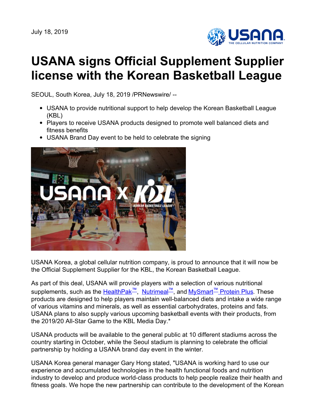 USANA Signs Official Supplement Supplier License with the Korean Basketball League