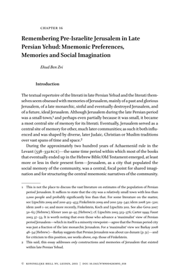 Remembering Pre-Israelite Jerusalem in Late Persian Yehud: Mnemonic Preferences, Memories and Social Imagination