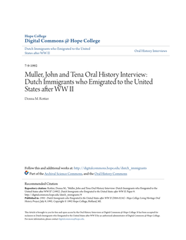 Muller, John and Tena Oral History Interview: Dutch Immigrants Who Emigrated to the United States After WW II Donna M