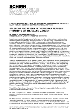 Splendor and Misery in Ther Weimar Republik. from Otto Dix to Jeanne