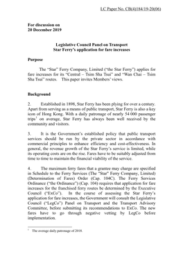 Administration's Paper on Star Ferry's Application for Fare Increases
