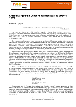 Chico Buarque E a Censura Nas Décadas De 1960 E 1970