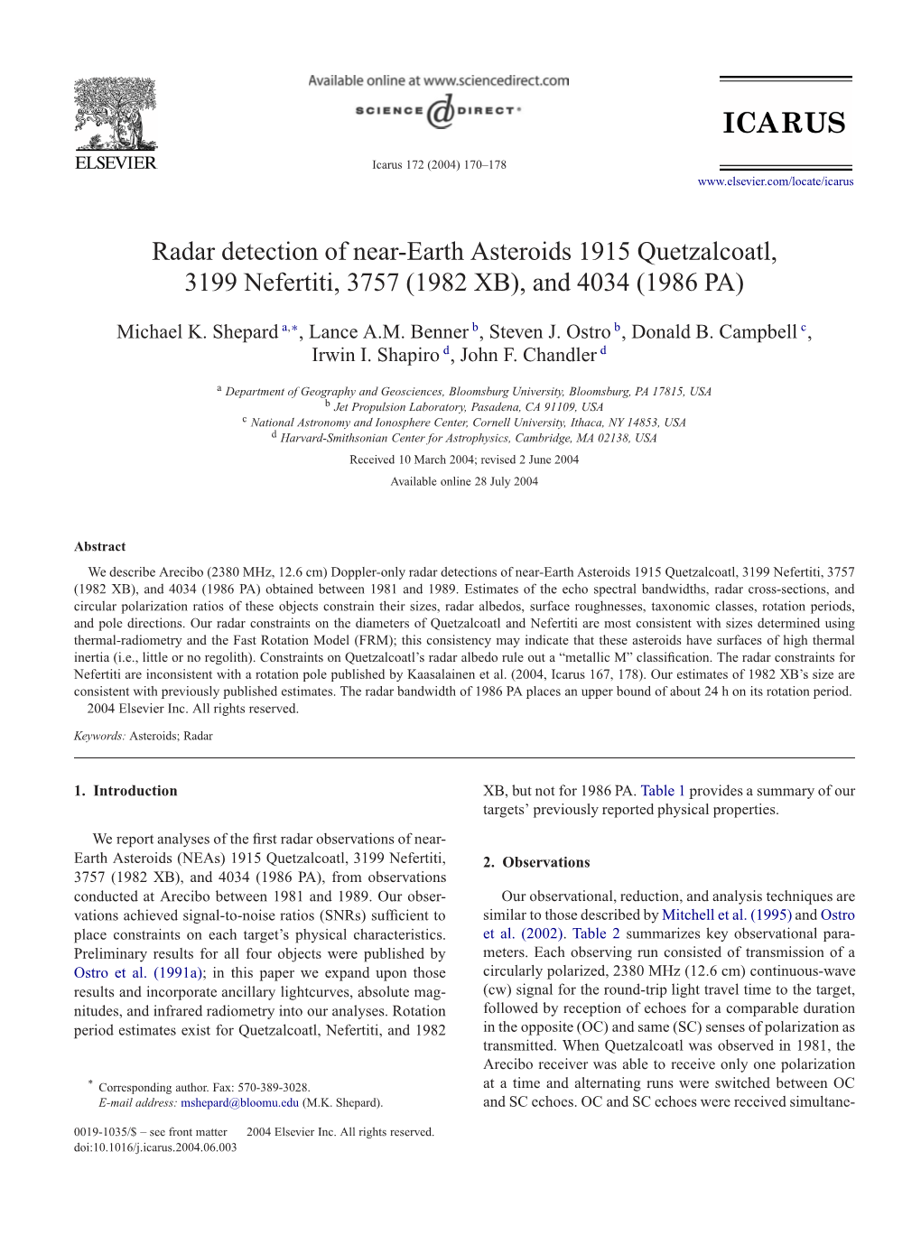 Radar Detection of Near-Earth Asteroids 1915 Quetzalcoatl, 3199 Nefertiti, 3757 (1982 XB), and 4034 (1986 PA)