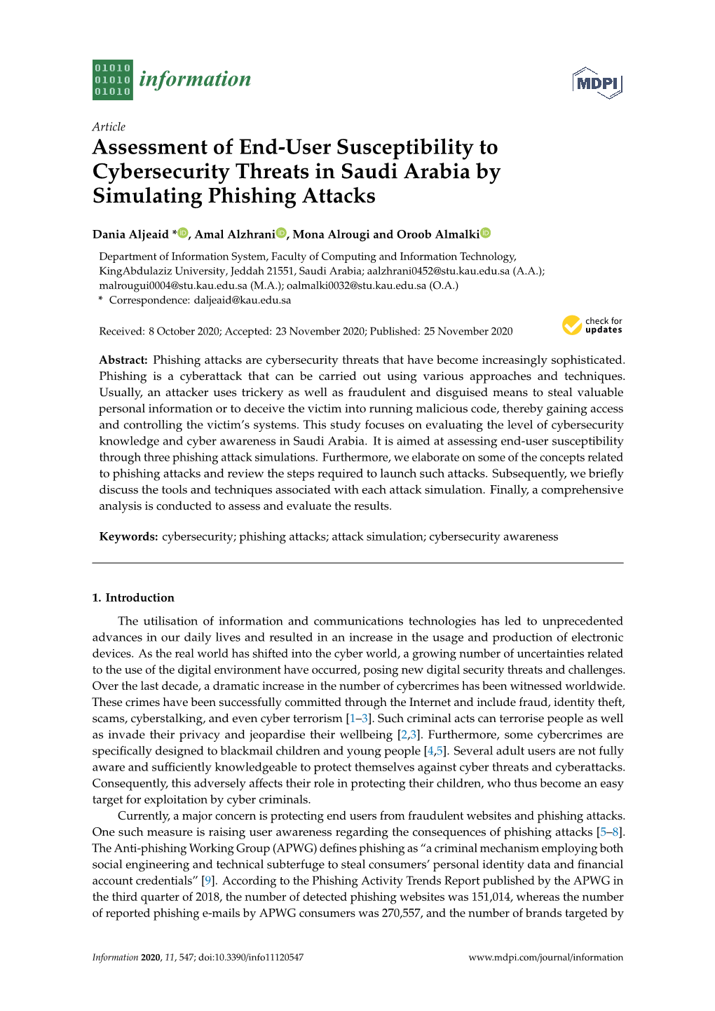 Assessment of End-User Susceptibility to Cybersecurity Threats in Saudi Arabia by Simulating Phishing Attacks