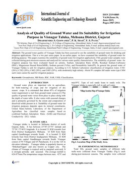 Analysis of Quality of Ground Water and Its Suitability for Irrigation Purpose in Visnagar Taluka, Mehsana District, Gujarat 1 2 3 DHARMENDRA S