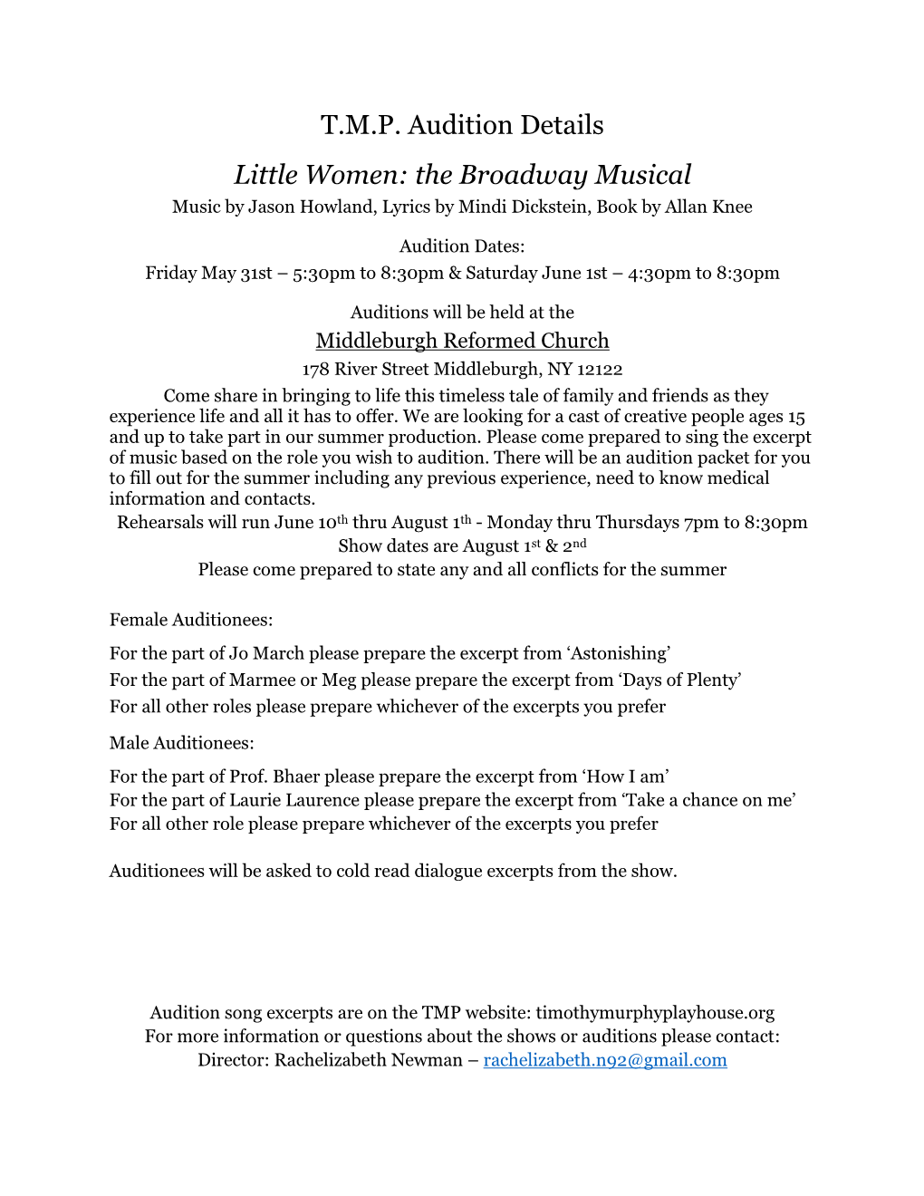 T.M.P. Audition Details Little Women: the Broadway Musical