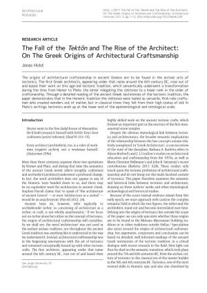 On the Greek Origins of Architectural Craftsmanship