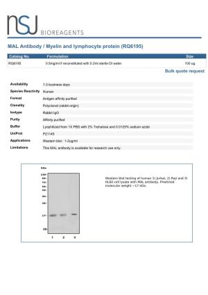 MAL Antibody / Myelin and Lymphocyte Protein (RQ6195)