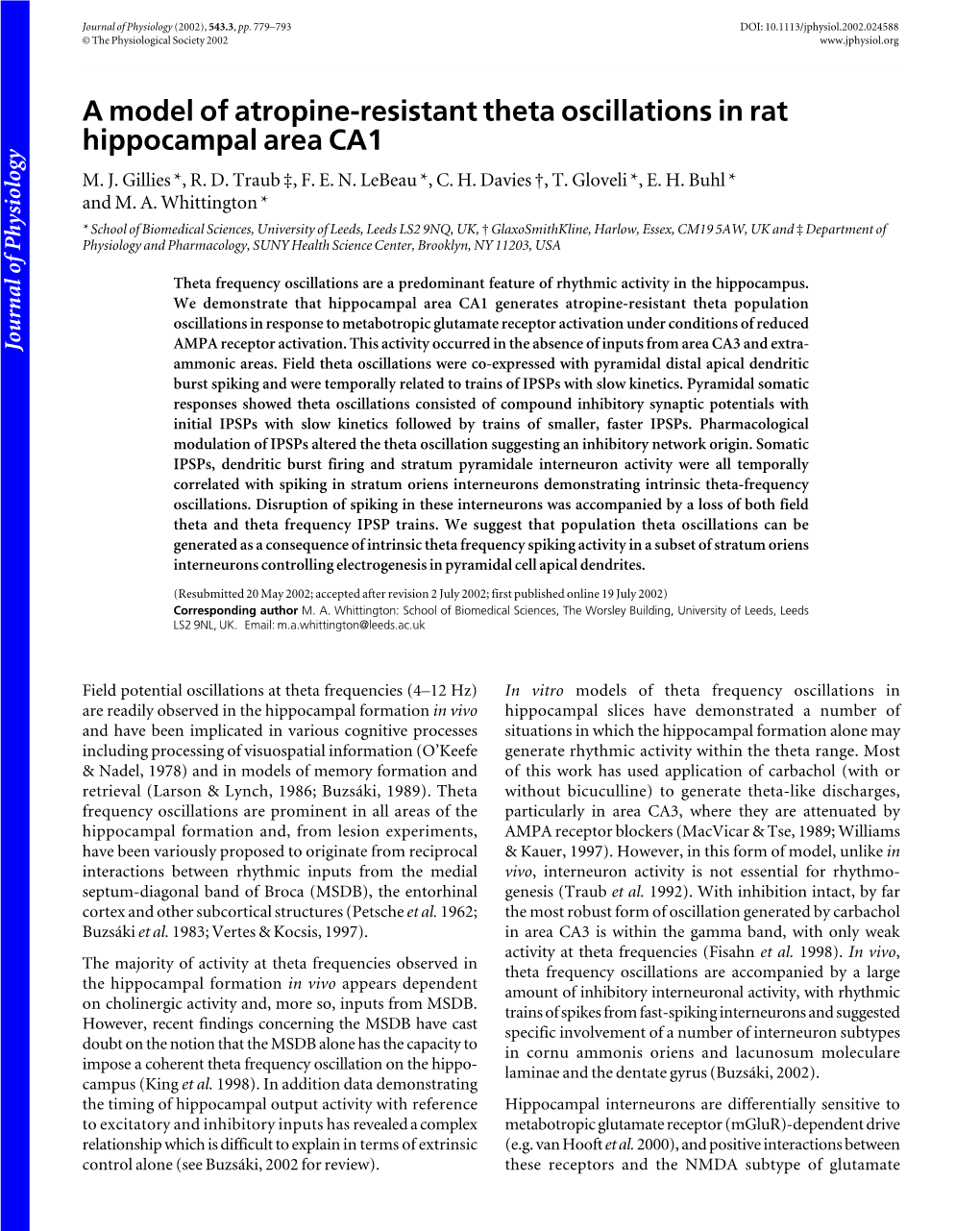A Model of Atropine-Resistant Theta Oscillations in Rat Hippocampal Area