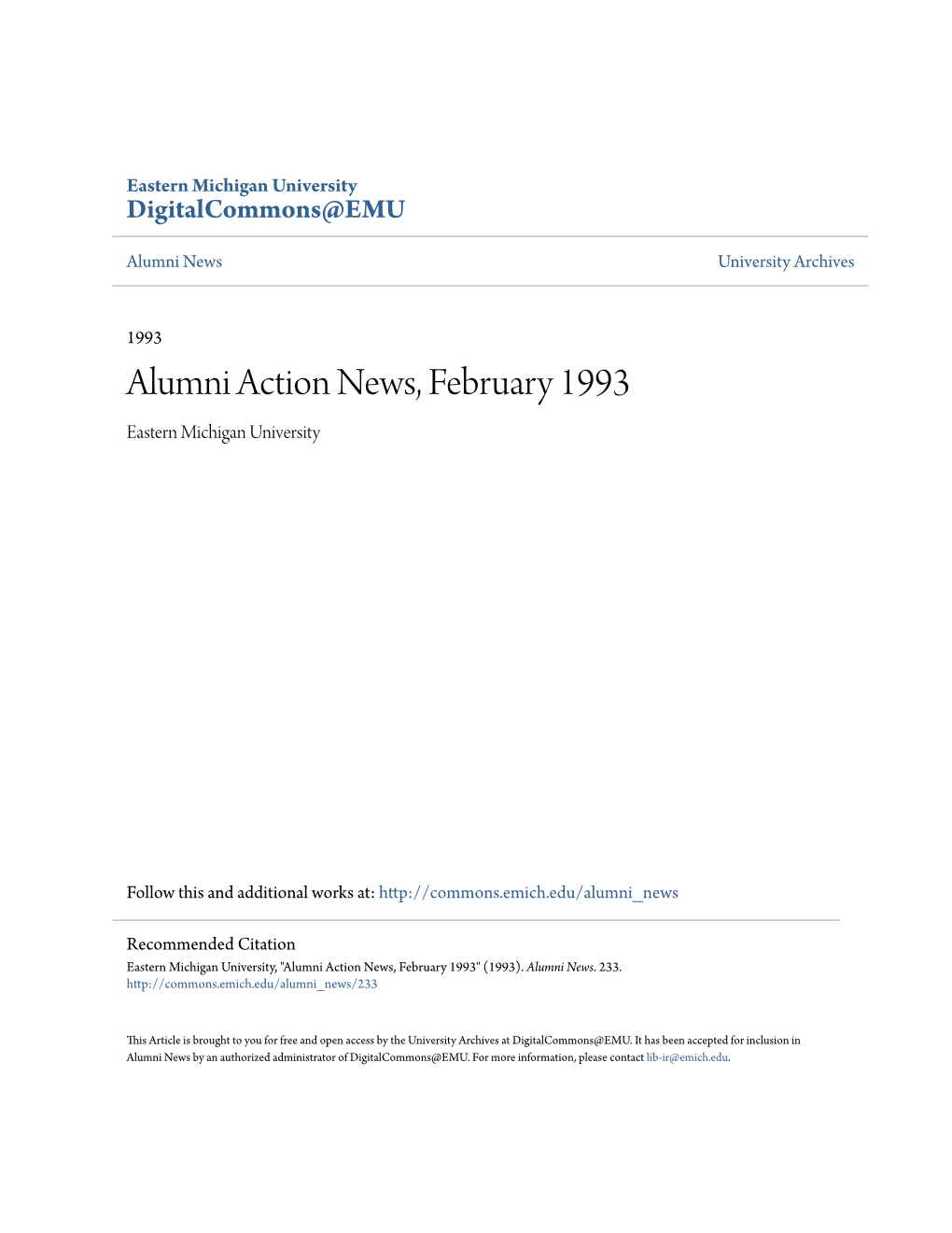 Alumni Action News, February 1993 Eastern Michigan University