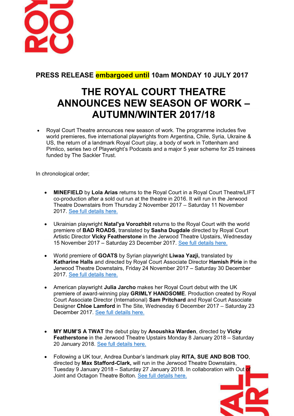 The Royal Court Theatre Announces New Season of Work – Autumn/Winter 2017/18
