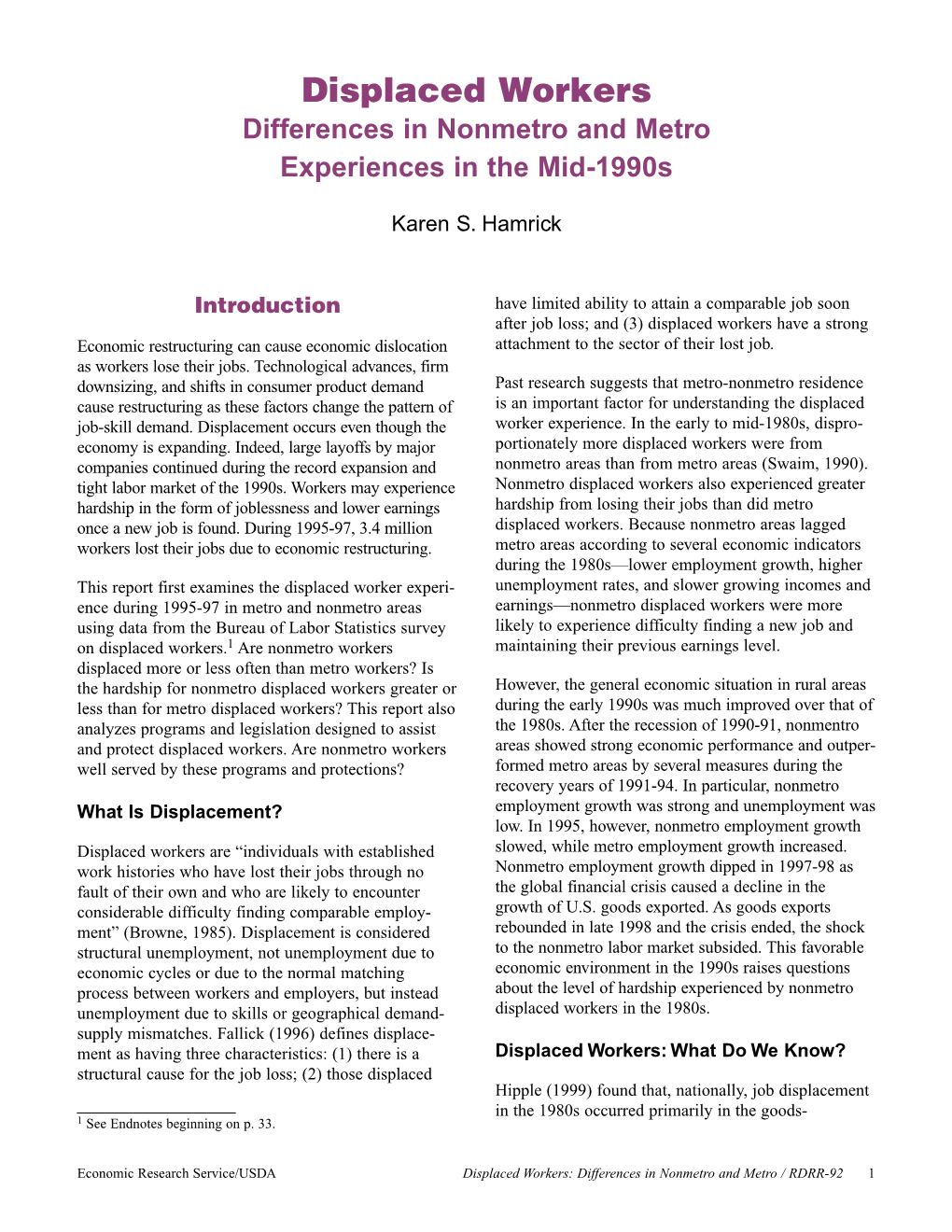 Displaced Workers Differences in Nonmetro and Metro Experiences in the Mid-1990S