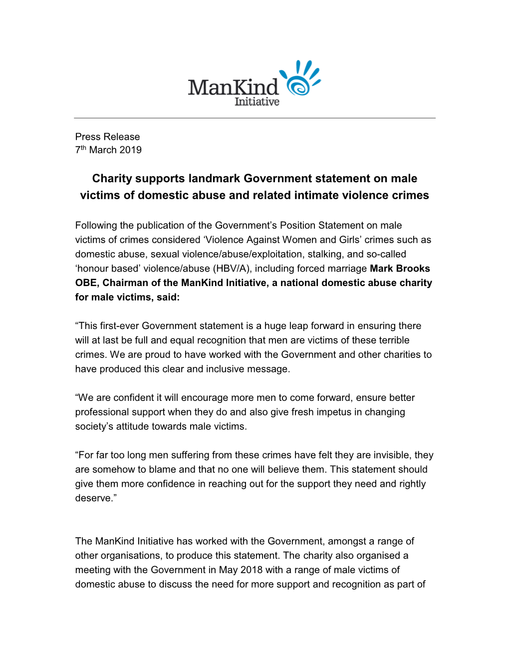 Charity Supports Landmark Government Statement on Male Victims of Domestic Abuse and Related Intimate Violence Crimes