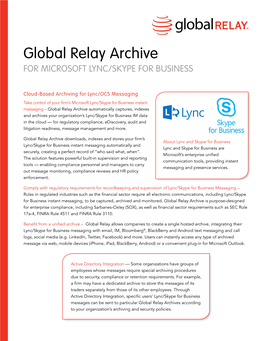 Global Relay Archive for MICROSOFT LYNC/SKYPE for BUSINESS