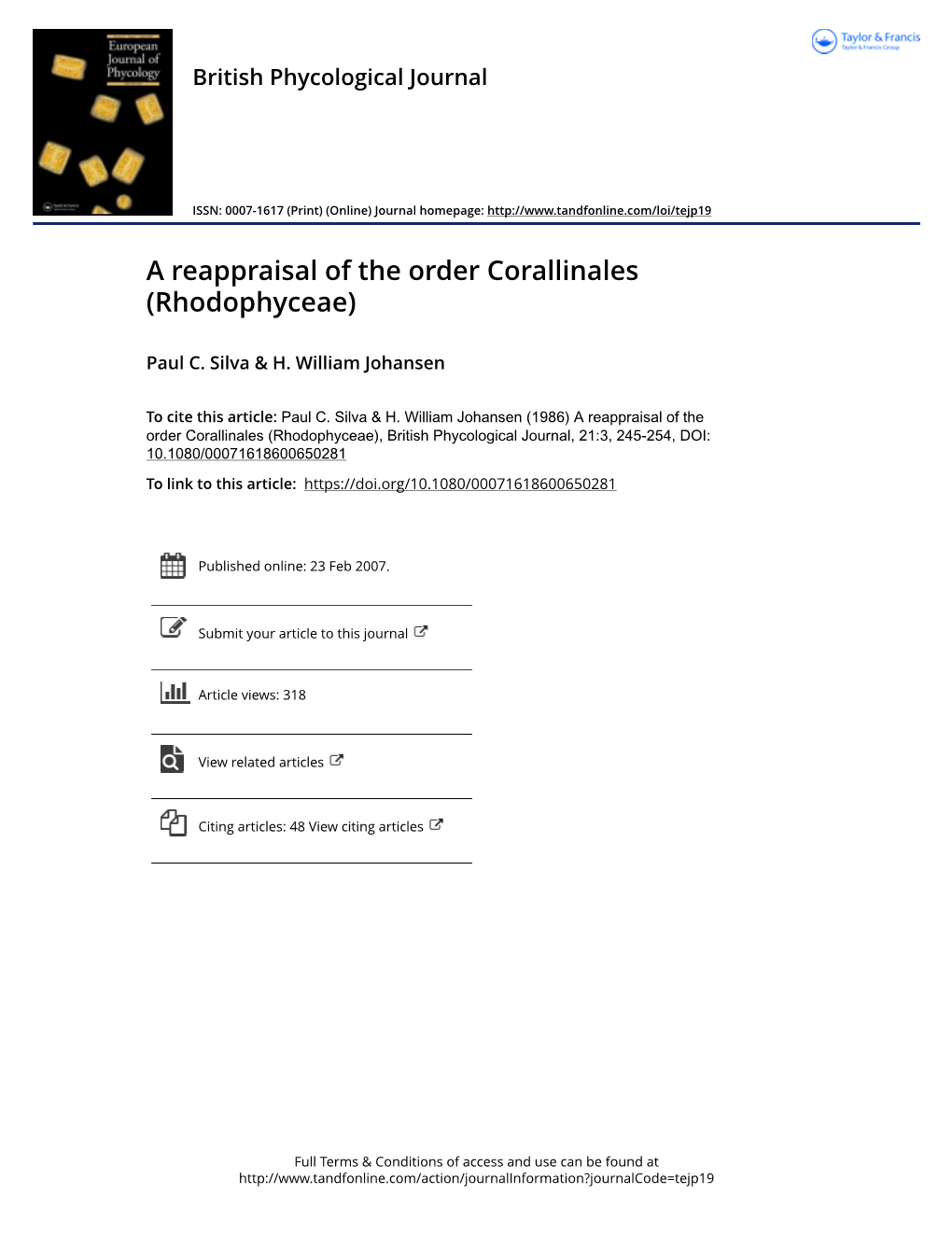 A Reappraisal of the Order Corallinales (Rhodophyceae)