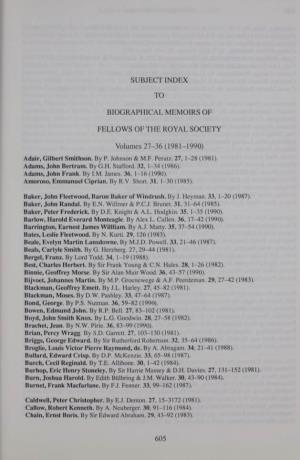 Subject Index to Biographical Memoirs of Fellows of The