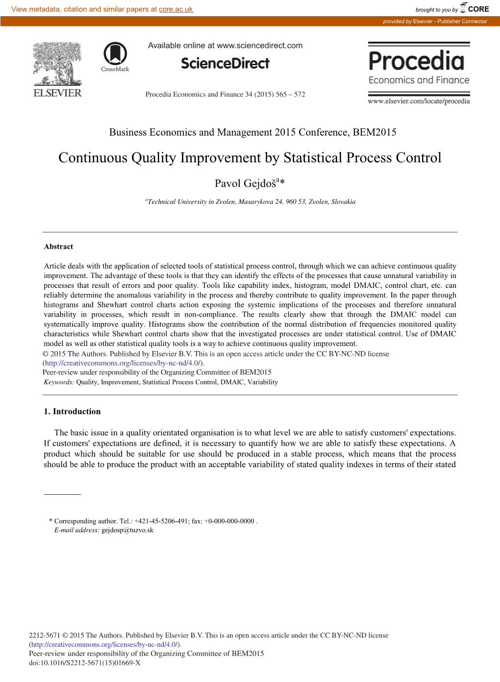 Continuous Quality Improvement by Statistical Process Control