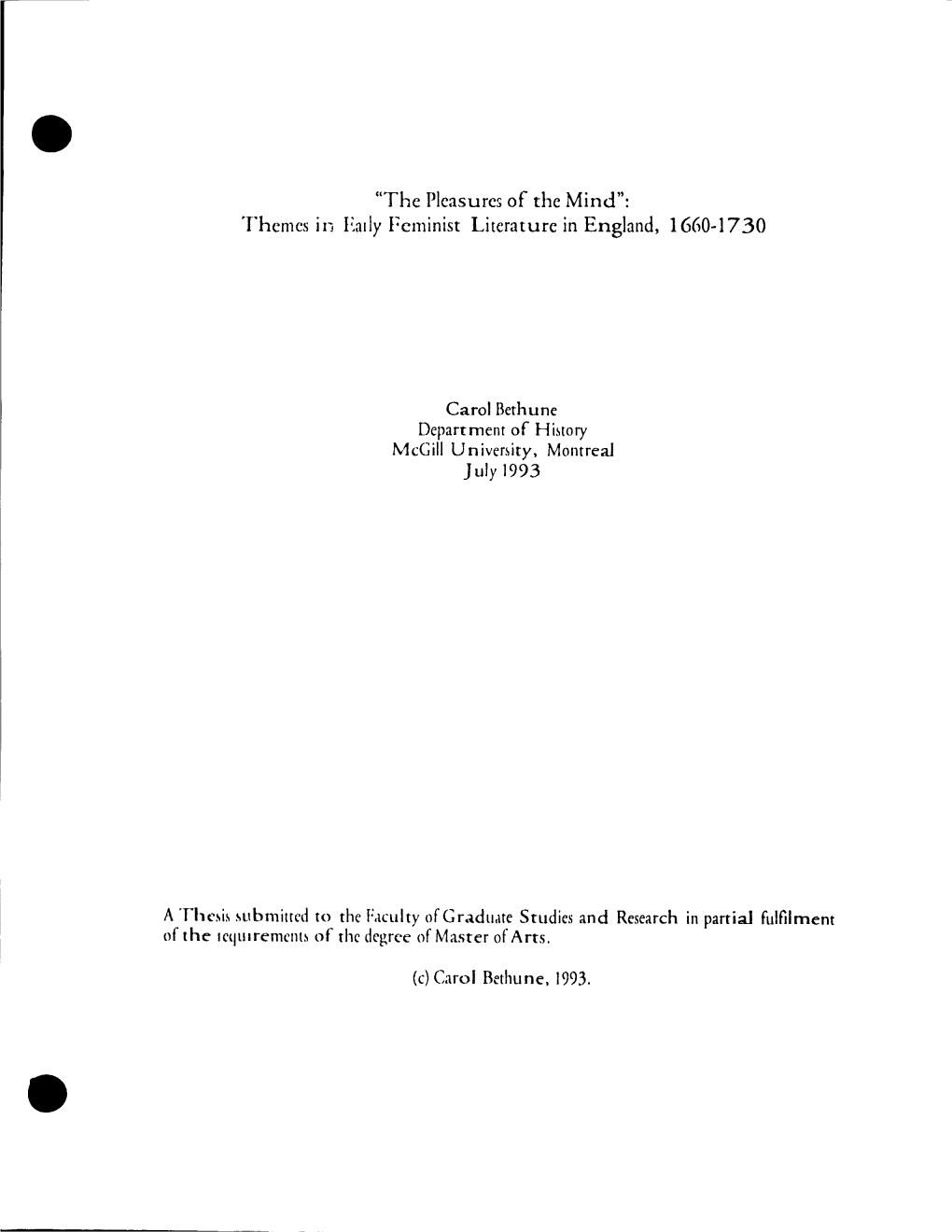 The P!Casures of the Mind": Themcs in Eatly Fcminist Literature in England, 1660-1730