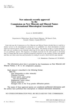 New Minerals Recently Approved by the Commission on New Minerals and Mineral Names International Mineralogical Association