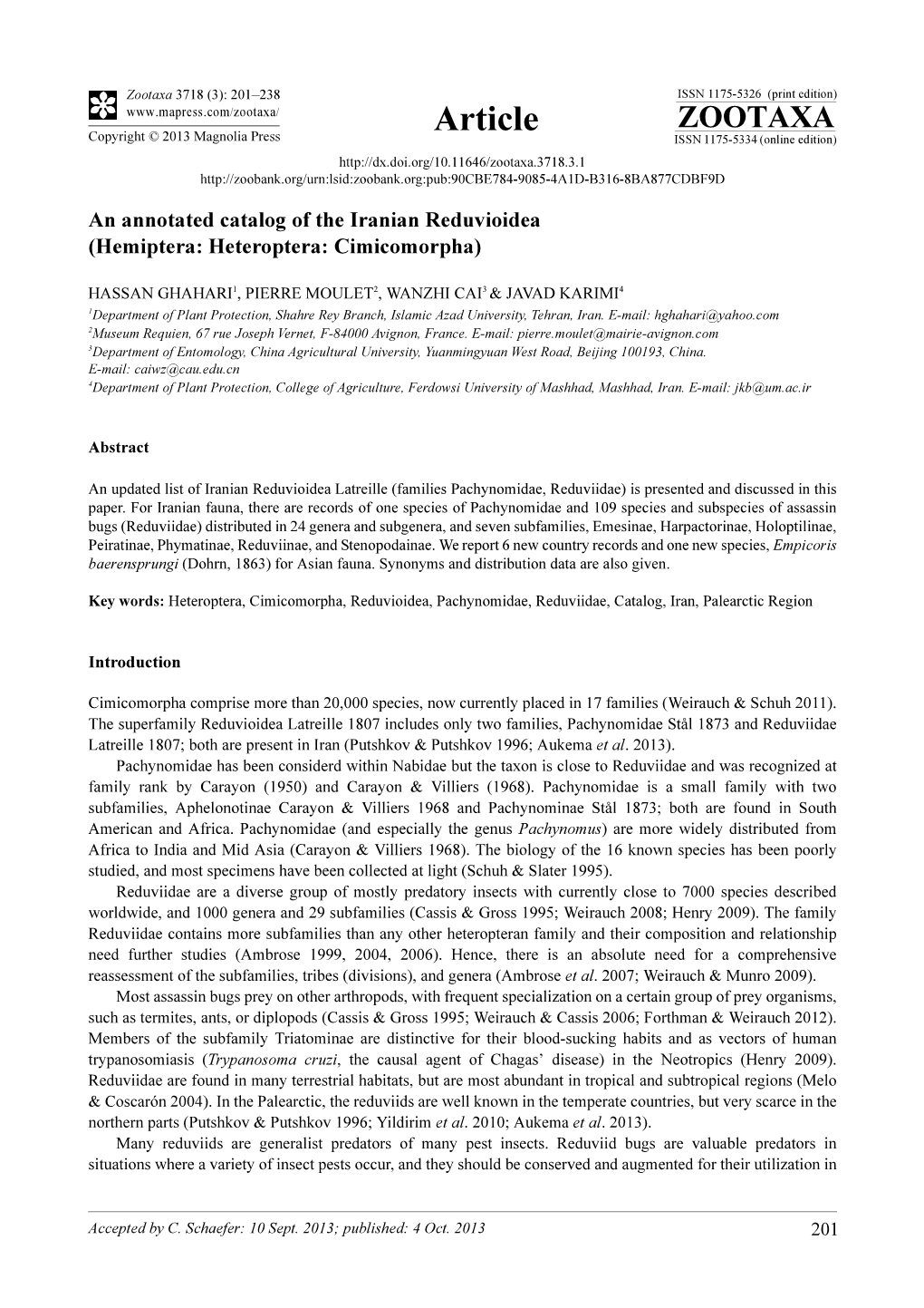 An Annotated Catalog of the Iranian Reduvioidea (Hemiptera: Heteroptera: Cimicomorpha)