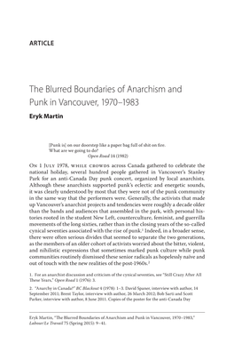 The Blurred Boundaries of Anarchism and Punk in Vancouver, 1970–1983 Eryk Martin