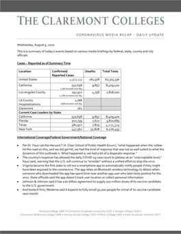 August 5, 2020 This Is a Summary of Today’S Events Based on Various Media Briefings by Federal, State, County and City Officials