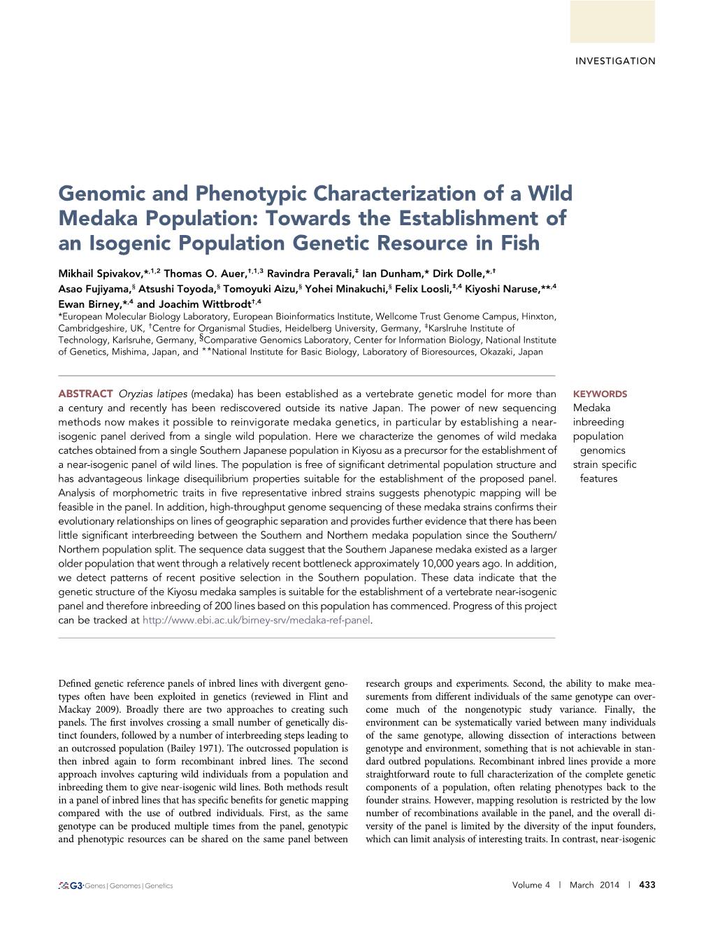 Genomic and Phenotypic Characterization of a Wild Medaka Population: Towards the Establishment of an Isogenic Population Genetic Resource in Fish