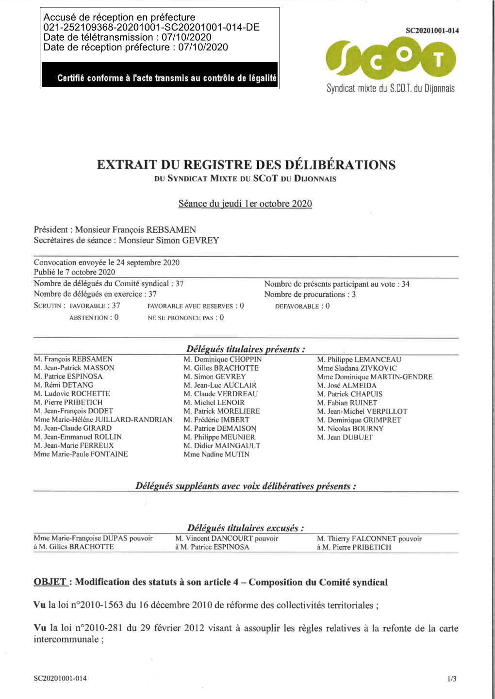 Accusé De Réception En Préfecture 021-252109368-20201001-SC20201001-014-DE Date De Télétransmission : 07/10/2020 Date De Réception Préfecture : 07/10/2020