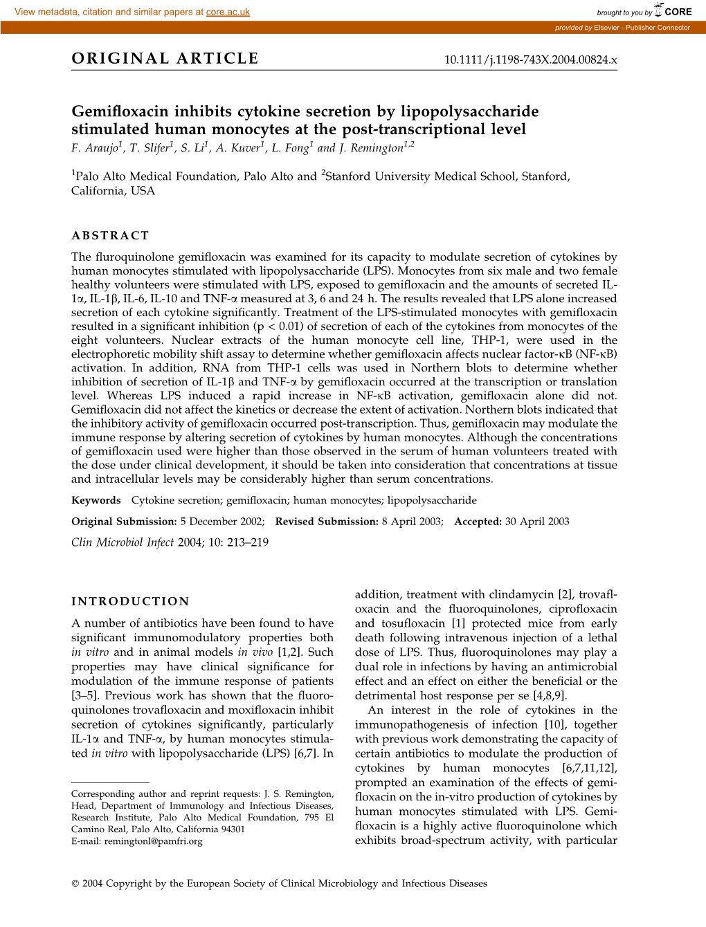 Gemifloxacin Inhibits Cytokine Secretion by Lipopolysaccharide