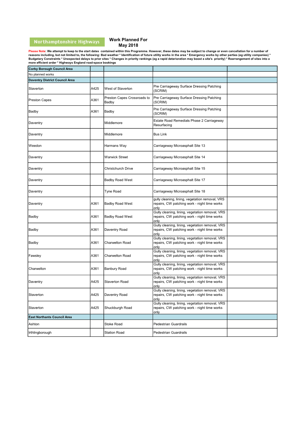 Work Planned for May 2018 Please Note: We Attempt to Keep to the Start Dates Contained Within This Programme